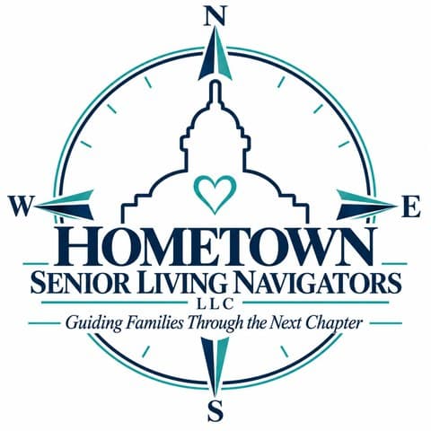 Hometown Senior Living Navigators LLC logo: a compass rose around a domed building with a heart. Guiding Families Through the Next Chapter.